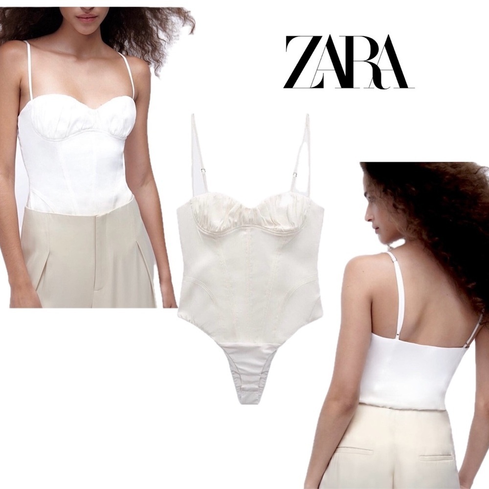 Zara white linen blend ruched sweetheart neck spaghetti strap corset bodysuit XL